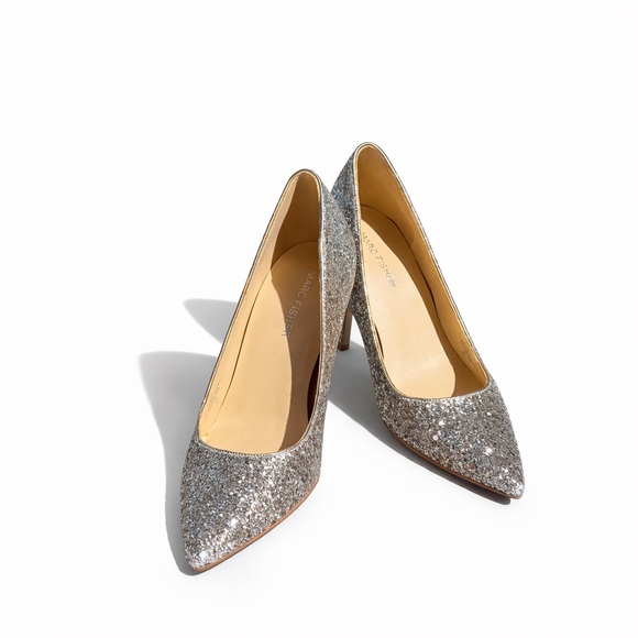 Marc Fisher Silver Glitter Pumps Pointed Toe Stiletto Wedding Party Heals 7.5 - Picture 2 of 12
